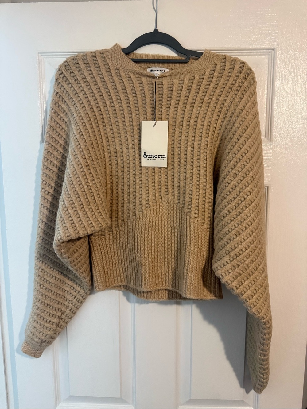&merci Cropped Crewneck Sweater in Camel/Tan